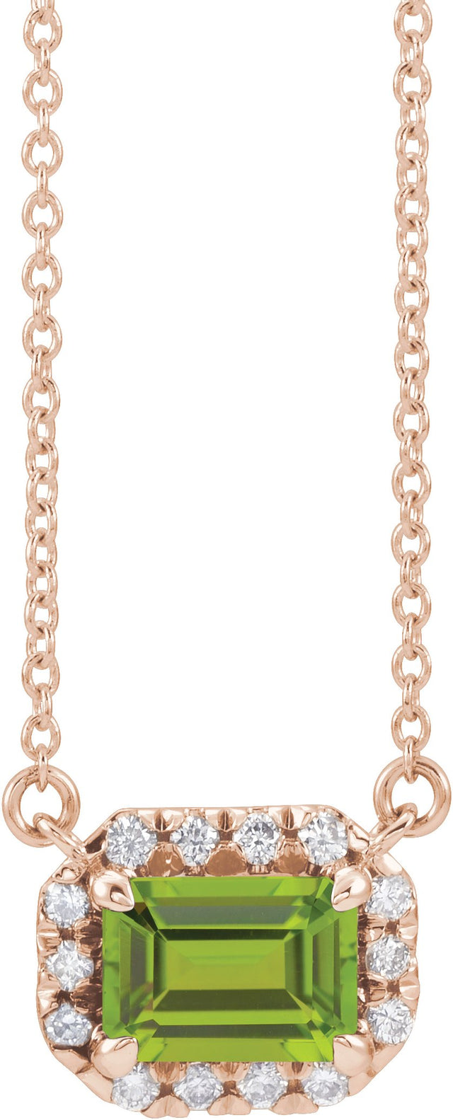 14K Gold Emerald Natural Peridot & Natural Diamond French-Set Halo-Style Necklace - Rose Gold