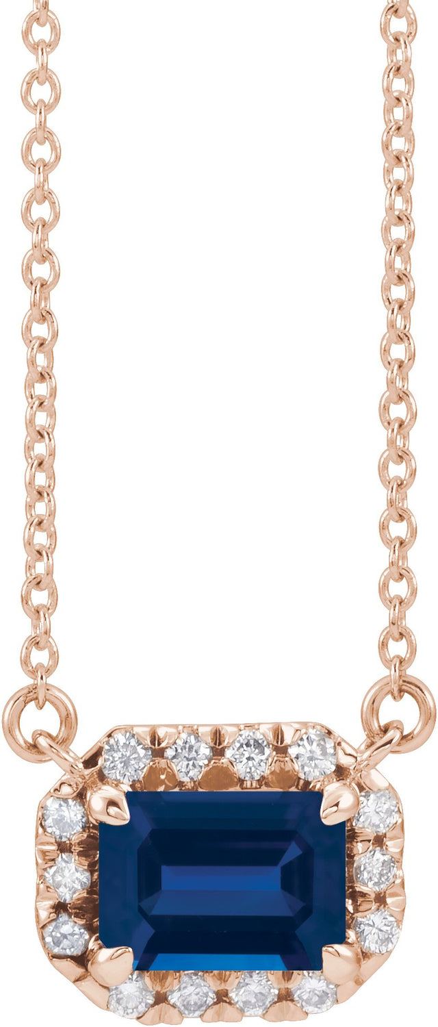14K Gold Emerald Lab-Grown Blue Sapphire & Natural Diamond French-Set Halo-Style Necklace - Rose Gold
