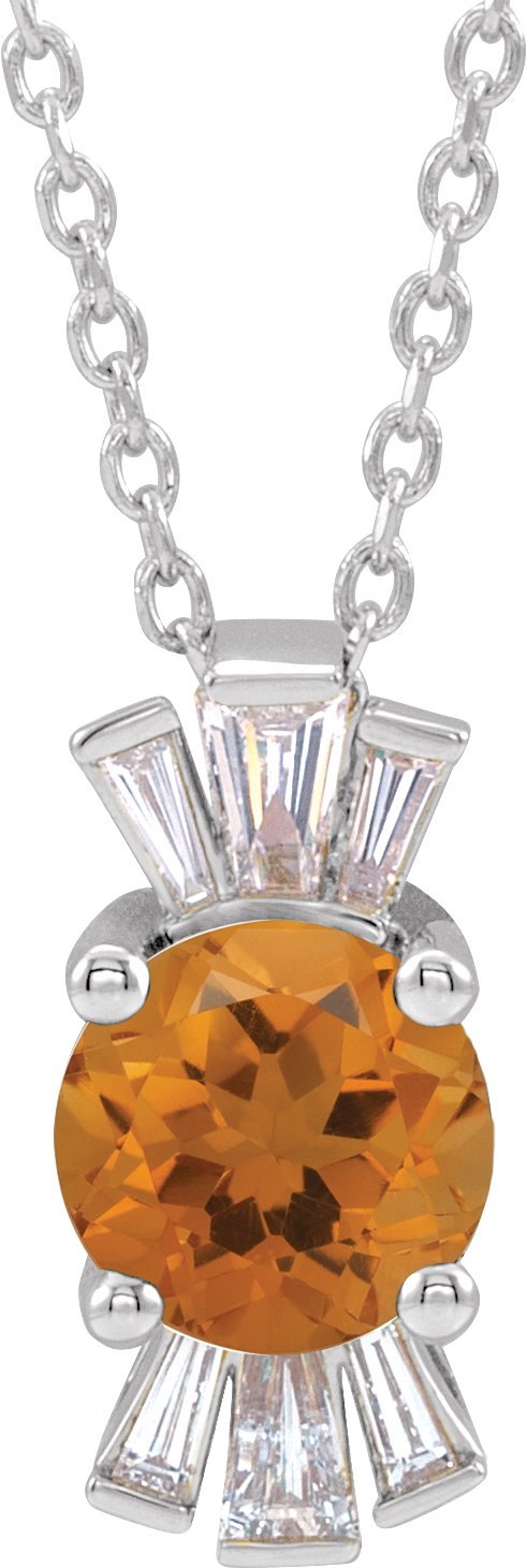 14K Gold Round Natural Citrine & Natural Diamond Accented Necklace or Pendant – 1/6 CTW - White Gold