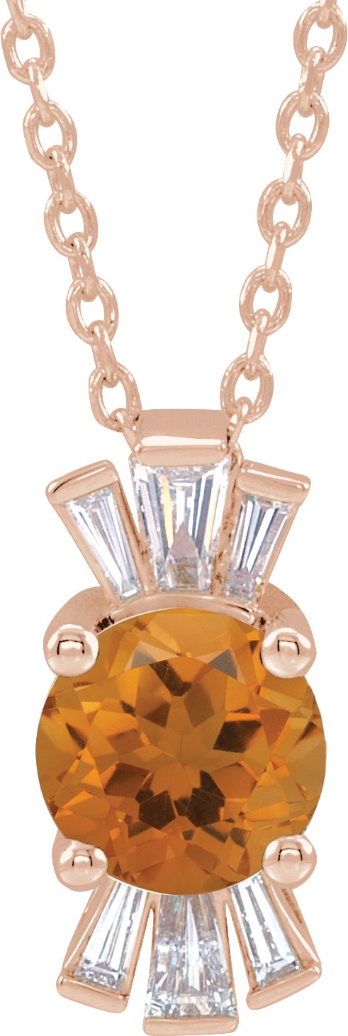 14K Gold Round Natural Citrine & Natural Diamond Accented Necklace or Pendant – 1/6 CTW - Rose Gold