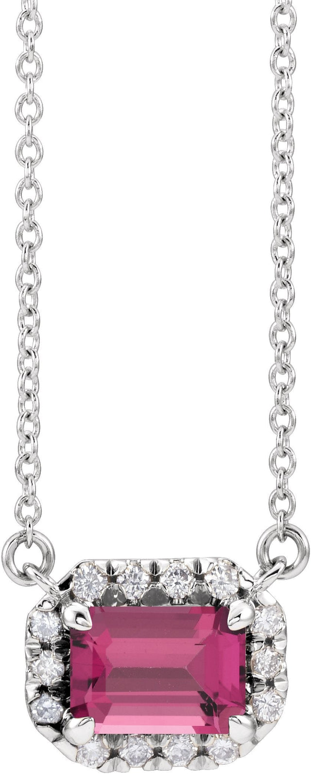 14K Gold Emerald Natural Pink Tourmaline & Natural Diamond French-Set Halo-Style Necklace - White Gold