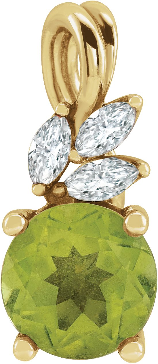 14K Gold Round Natural Peridot & Natural Diamond Accented Floral Necklace or Pendant - Yellow Gold