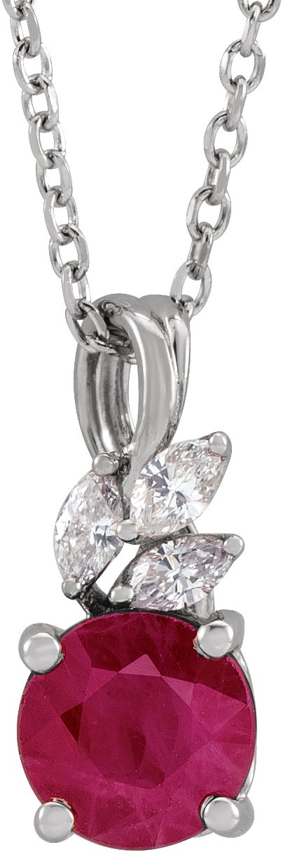 14K Gold Round Lab-Grown Ruby & Natural Diamond Accented Floral Necklace or Pendant - White Gold