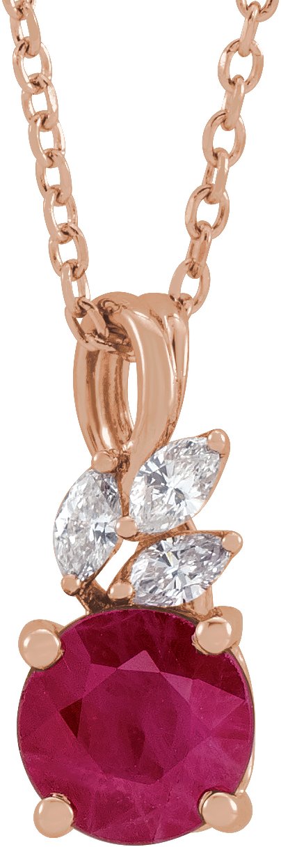 14K Gold Round Lab-Grown Ruby & Natural Diamond Accented Floral Necklace or Pendant - Rose Gold