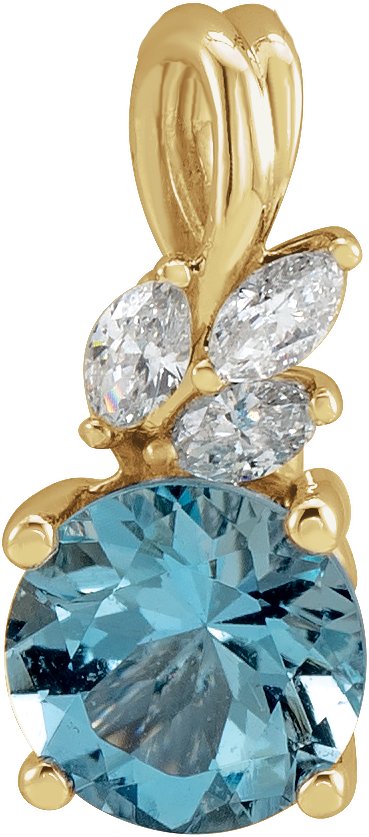 14K Gold Round Natural Aquamarine & Natural Diamond Accented Floral Necklace or Pendant - Yellow Gold