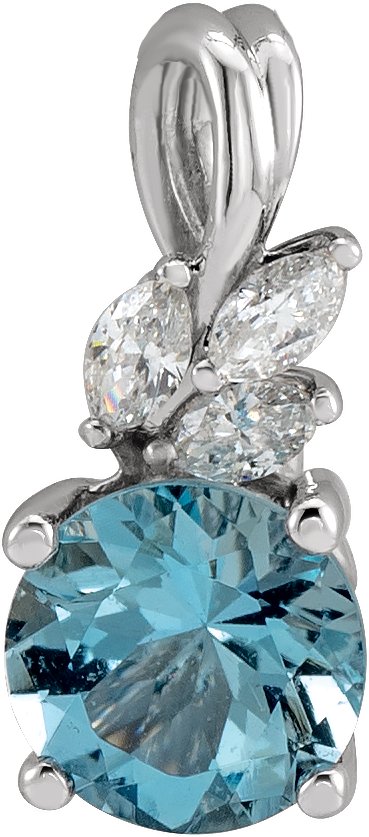 Platinum Round Natural Aquamarine & Natural Diamond Accented Floral Necklace or Pendant