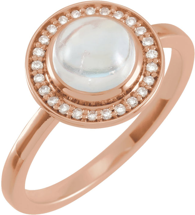 14K Gold Oval Natural Rainbow Moonstone & Natural Diamond Halo-Style Cabochon Ring – 7x5mm - Rose Gold