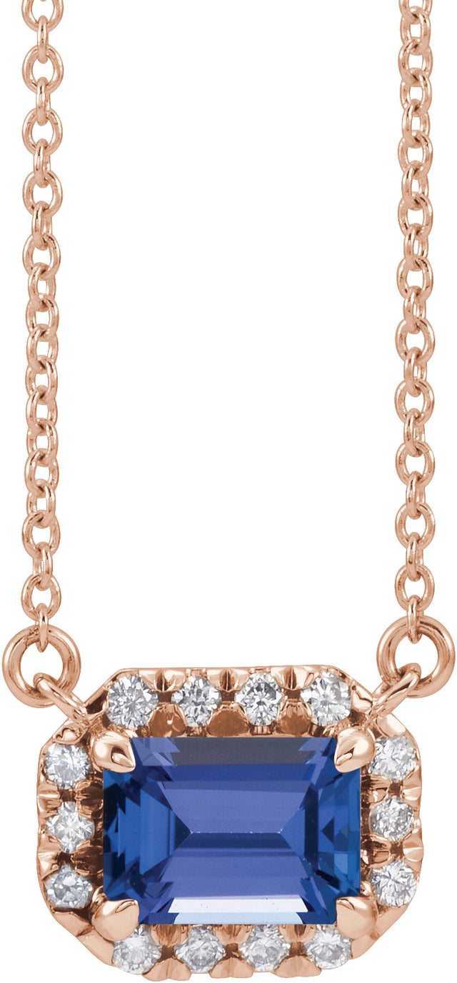 14K Gold Emerald Natural Tanzanite & Natural Diamond French-Set Halo-Style Necklace - Rose Gold