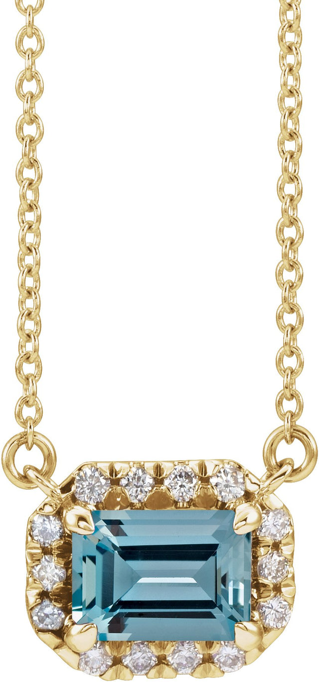14K Gold Emerald Natural Aquamarine & Natural Diamond French-Set Halo-Style Necklace - Yellow Gold
