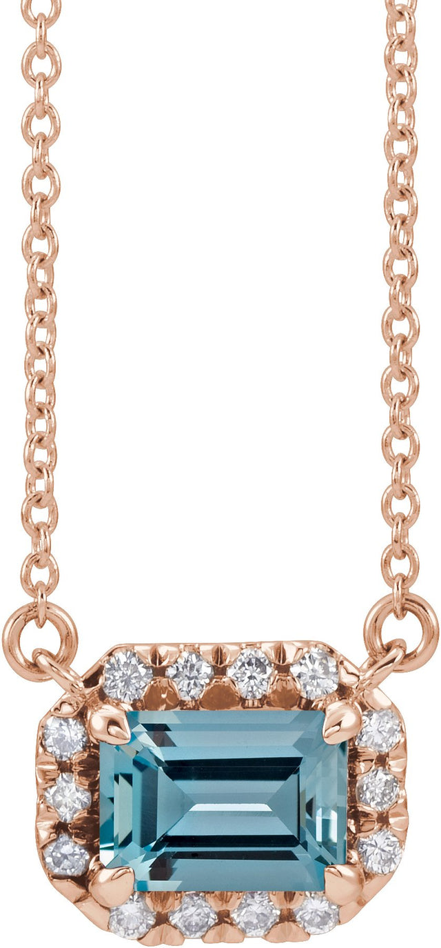 14K Gold Emerald Natural Aquamarine & Natural Diamond French-Set Halo-Style Necklace - Rose Gold