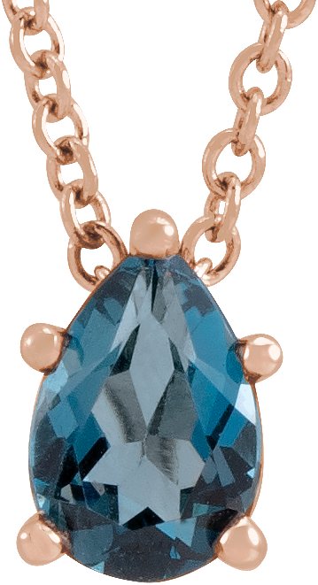 14K Gold Natural London Blue Topaz Pear 5-Prong Solitaire Necklace or Slide Pendant - Rose Gold