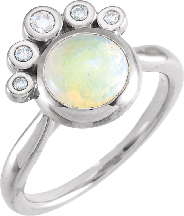 Platinum Round Natural White Opal & Natural Diamond Bezel-Set Cabochon Ring