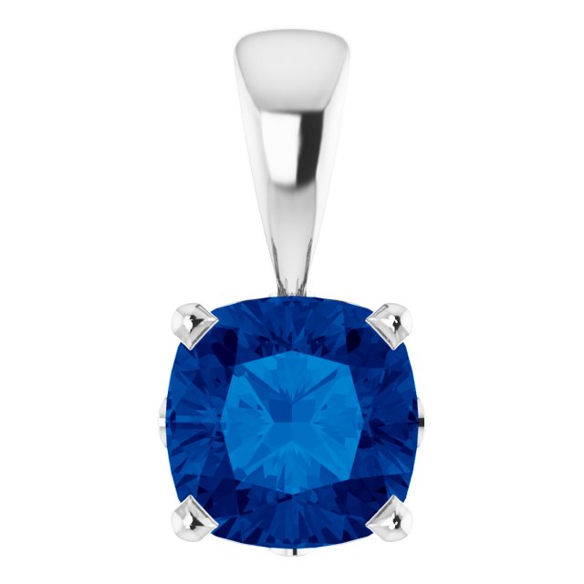 14K Gold Cushion Lab-Grown Blue Sapphire Solitaire Scroll Setting Pendant - White Gold