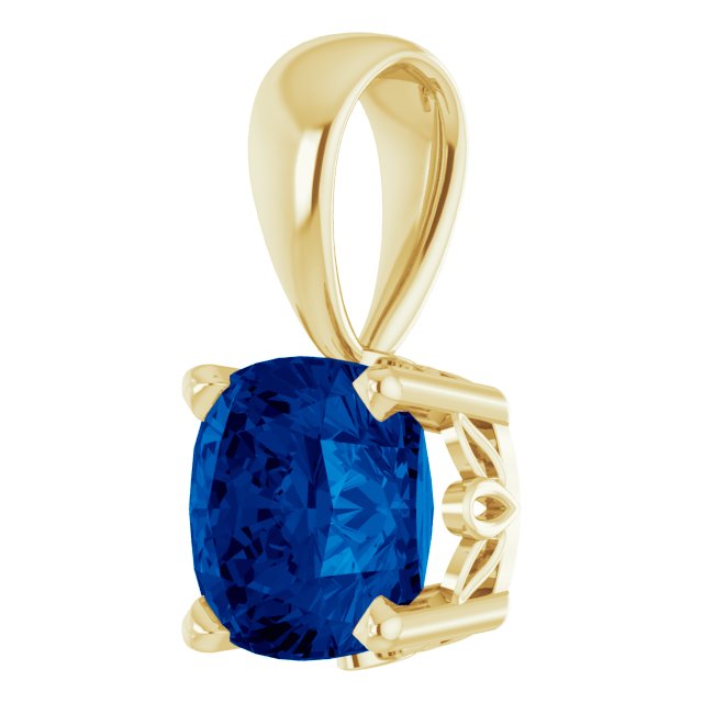 14K Gold Cushion Lab-Grown Blue Sapphire Solitaire Scroll Setting Pendant - Yellow Gold - view 2