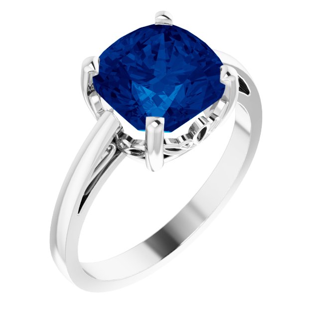 14K Gold Lab-Grown Blue Sapphire Cushion Scroll Setting Ring - White Gold