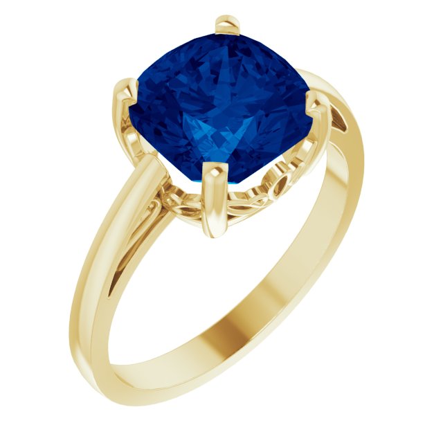 14K Gold Lab-Grown Blue Sapphire Cushion Scroll Setting Ring - Yellow Gold