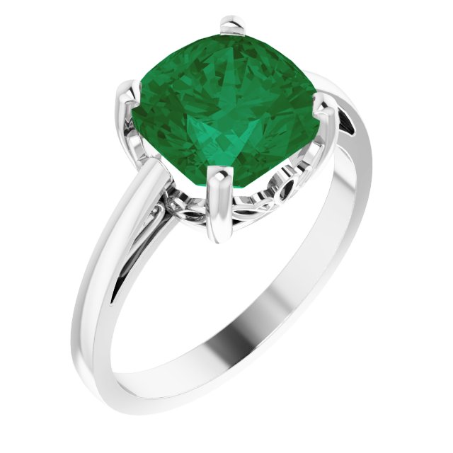 14K Gold Lab-Grown Emerald Cushion Scroll Setting Ring - White Gold