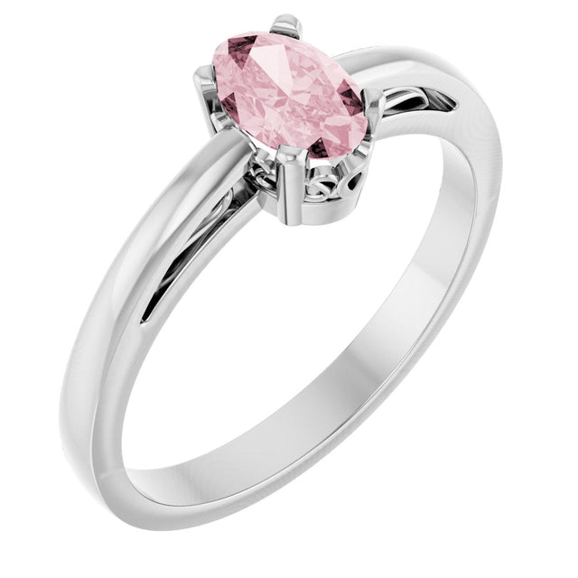 14K Gold Oval Natural Pink Morganite Scroll Setting Solitaire Ring - White Gold