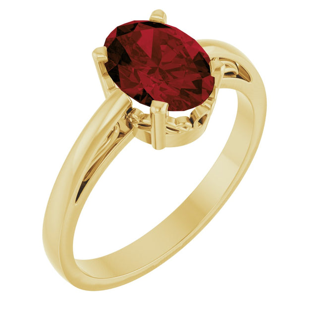 14K Gold Oval Natural Mozambique Garnet Scroll Setting Solitaire Ring - Yellow Gold