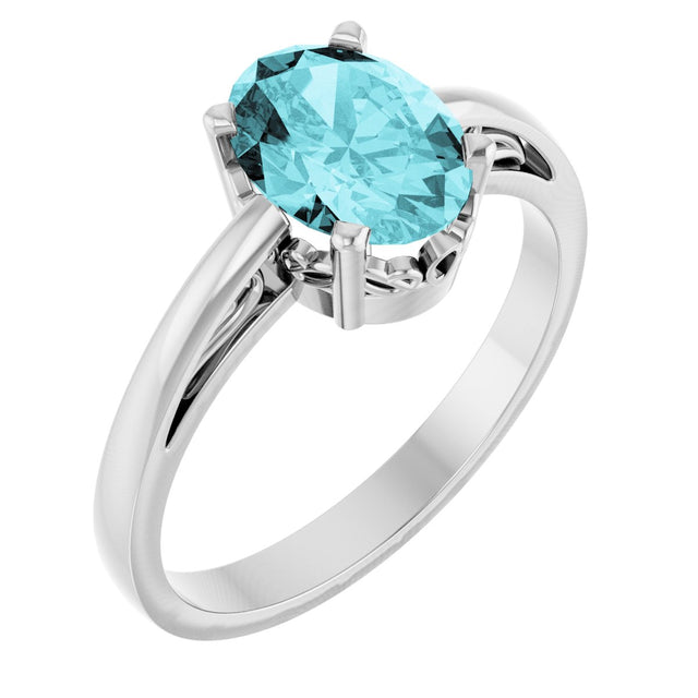14K Gold Oval Natural Blue Zircon Scroll Setting Solitaire Ring - White Gold