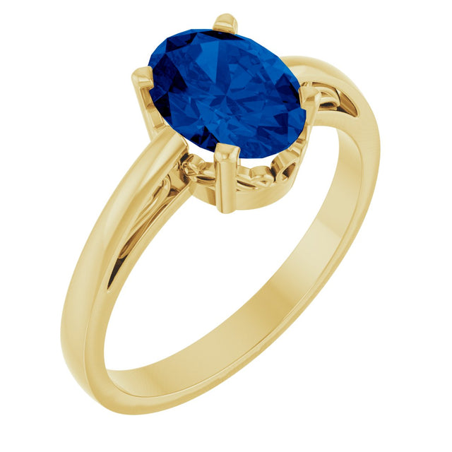 14K Gold Oval Lab-Grown Blue Sapphire Scroll Setting Solitaire Ring - Yellow Gold