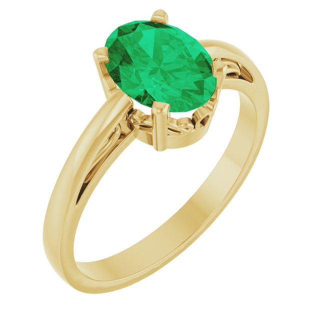 14K Gold Oval Lab-Grown Emerald Scroll Setting Solitaire Ring - Yellow Gold