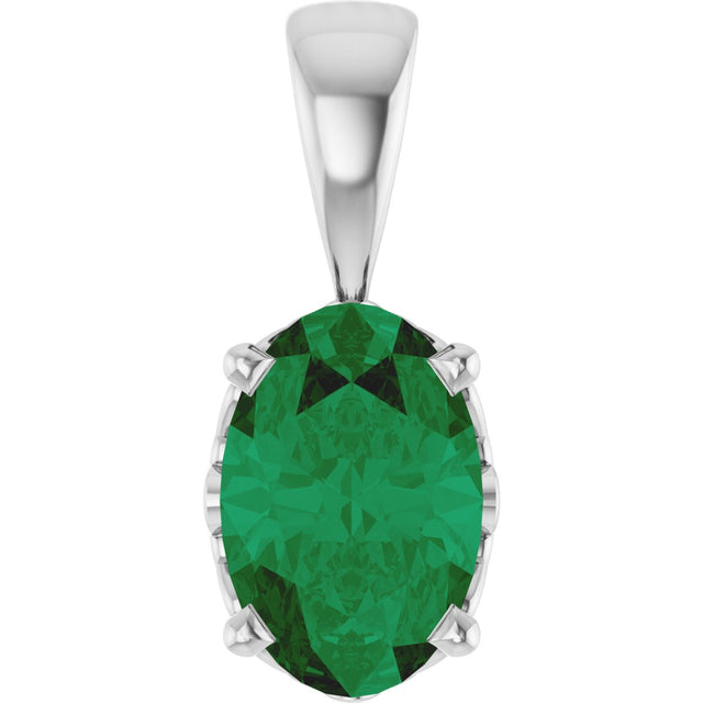 14K Gold Lab-Grown Emerald Oval 4-Prong Solitaire Necklace or Pendant - White Gold