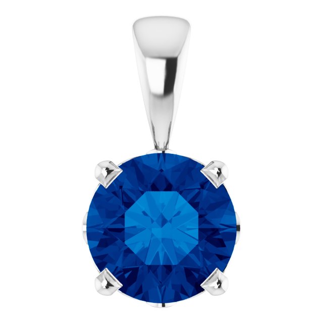 14K Gold Lab-Grown Blue Sapphire Round 4-Prong Scroll Setting Pendant - White Gold