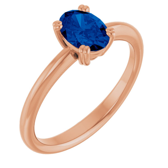 14K Gold Oval Lab-Grown Blue Sapphire Double-Prong Ring - Rose Gold