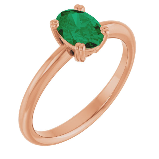 14K Gold Oval Lab-Grown Emerald Double-Prong Ring - Rose Gold