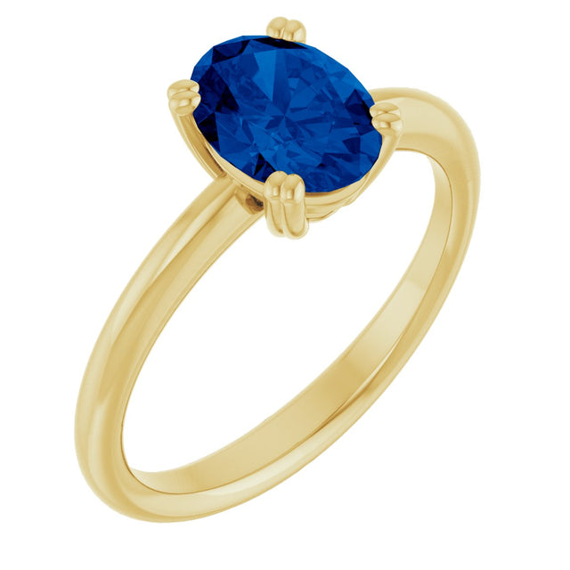 14K Gold Oval Lab-Grown Blue Sapphire Double-Prong Ring - Yellow Gold