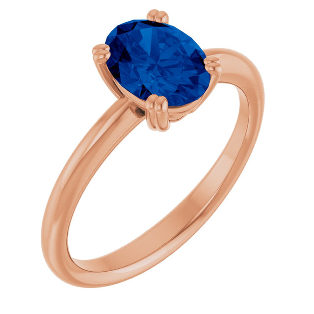 14K Gold Oval Lab-Grown Blue Sapphire Double-Prong Ring - Rose Gold