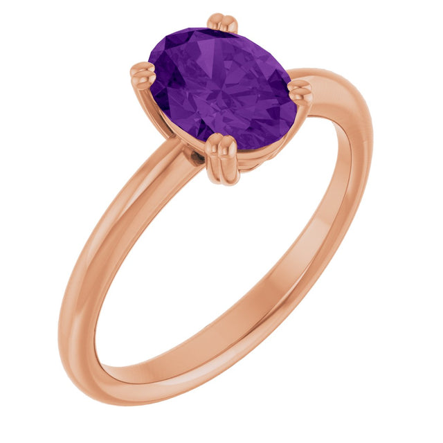 14K Gold Emerald Natural Amethyst Double-Prong Ring - Rose Gold