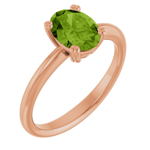 14K Gold Emerald Natural Peridot Double-Prong Ring - Rose Gold