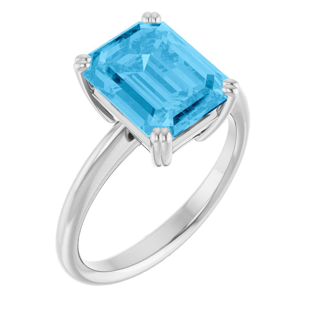 14K Gold Emerald Natural Swiss Blue Topaz Double-Prong Ring - White Gold