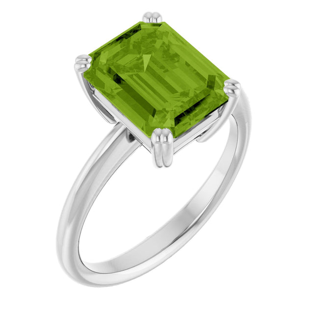14K Gold Emerald Natural Peridot Double-Prong Ring - White Gold