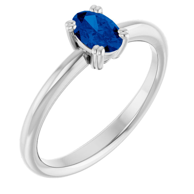 14K Gold Oval Lab-Grown Blue Sapphire Double-Prong Ring - White Gold