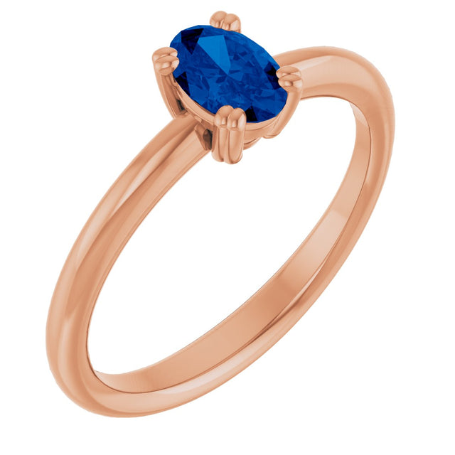 14K Gold Oval Lab-Grown Blue Sapphire Double-Prong Ring - Rose Gold