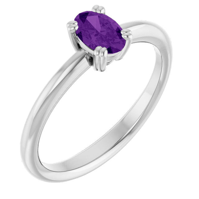 14K Gold Emerald Natural Amethyst Double-Prong Ring - White Gold