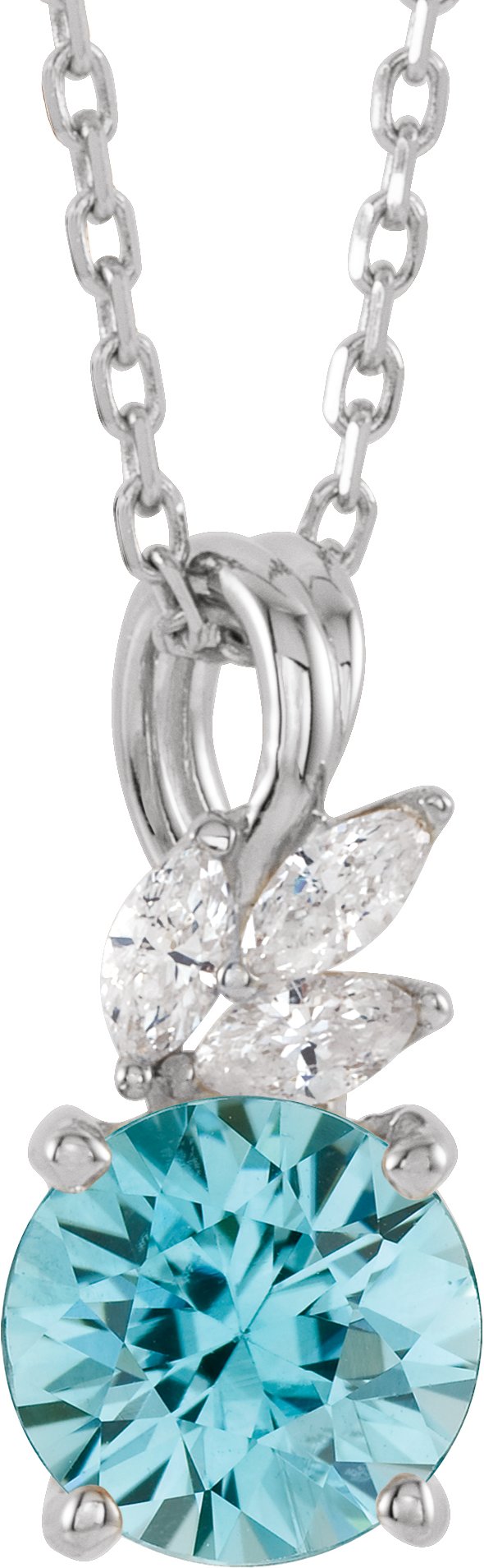 14K Gold Round Natural Blue Zircon & Natural Diamond Accented Floral Necklace or Pendant - White Gold