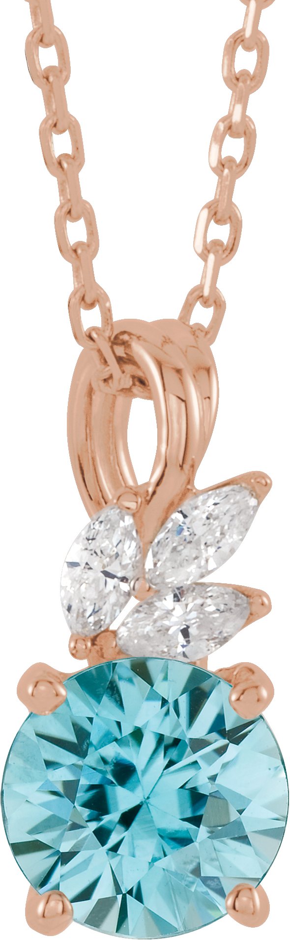 14K Gold Round Natural Blue Zircon & Natural Diamond Accented Floral Necklace or Pendant - Rose Gold