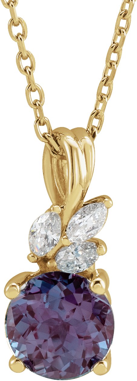 14K Gold Round Lab-Grown Alexandrite & Natural Diamond Accented Floral Necklace or Pendant - Yellow Gold