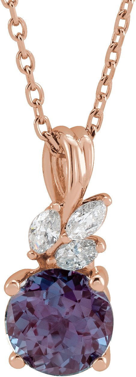 14K Gold Round Lab-Grown Alexandrite & Natural Diamond Accented Floral Necklace or Pendant - Rose Gold