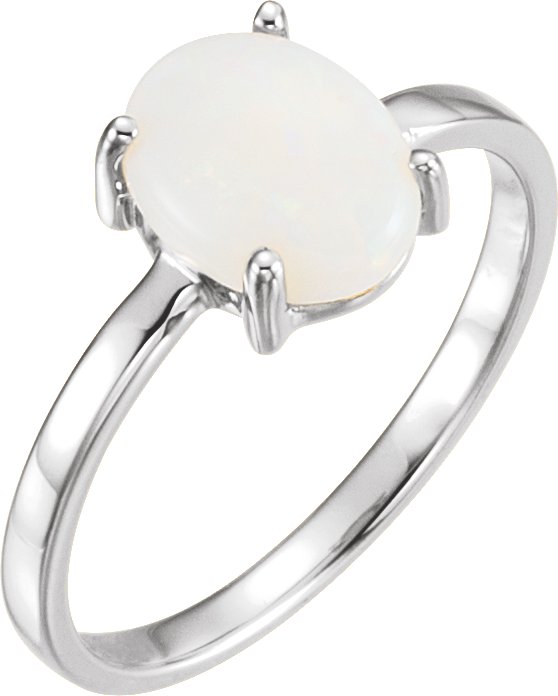 14K Gold Oval Natural Opal Cabochon Solitaire Ring - White Gold