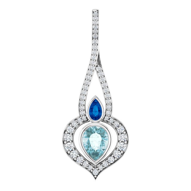 14K Gold Pear Natural Sky Blue Topaz & Natural Blue Sapphire & Natural Diamond Accented Pendant