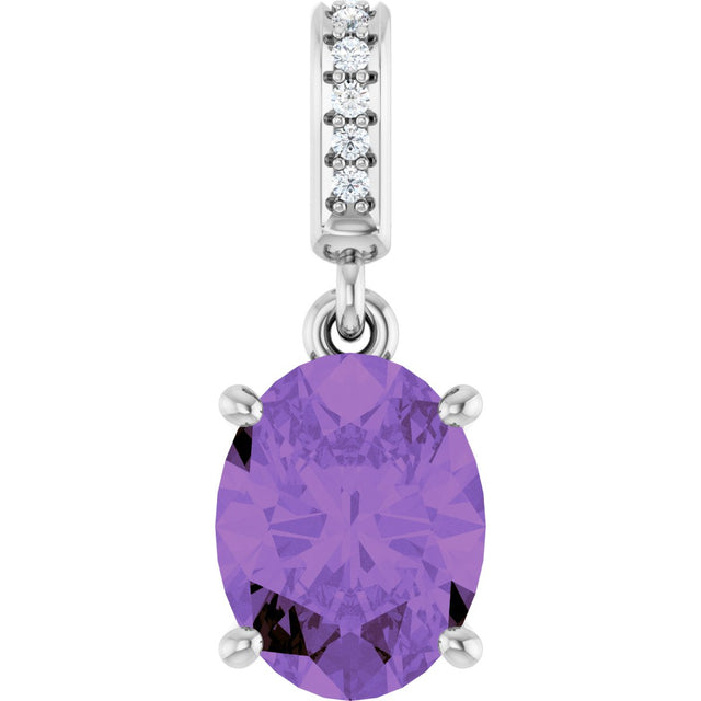 14K Gold Oval Natural Amethyst & Natural Diamond Accented Necklace or Pendant - White Gold