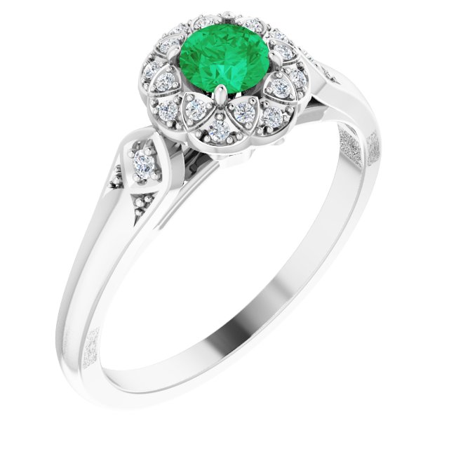 Platinum Round Natural Emerald & Natural Diamond Halo-Style Ring