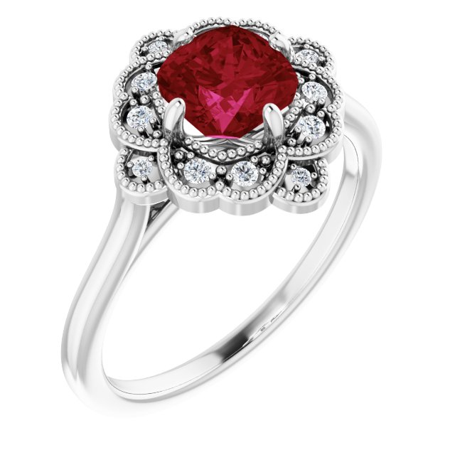 Platinum Cushion Lab-Grown Ruby & Natural Diamond Halo-Style Ring – 6x6mm