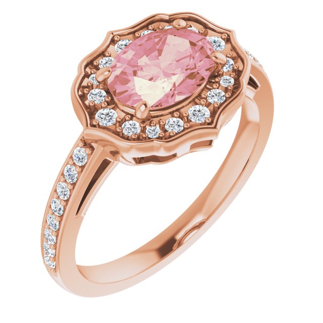 14K Gold Oval Natural Peach Morganite & Natural Diamond Vintage-Inspired Ring - Rose Gold