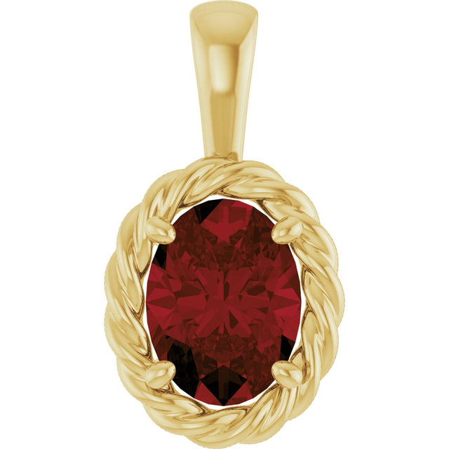 14K Gold Oval Natural Mozambique Garnet Rope Solitaire Pendant - Yellow Gold